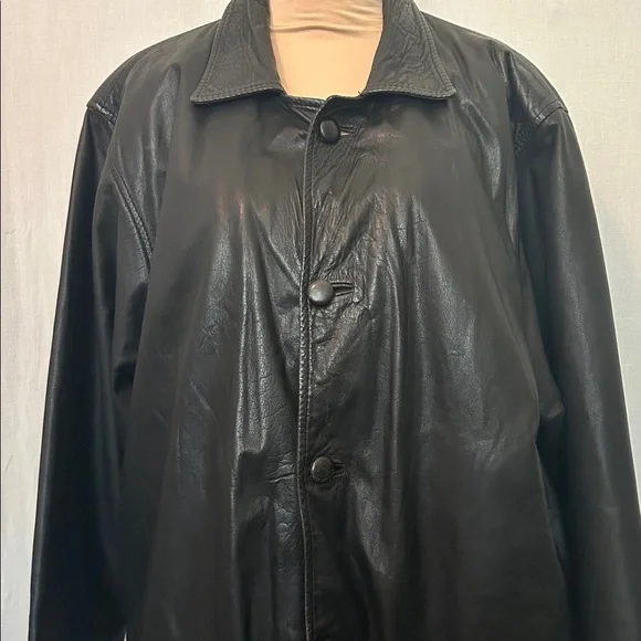 Long Black Genuine Leather Overcoat - Classic & Edgy Fits Men's XL - Picture 4 of 5